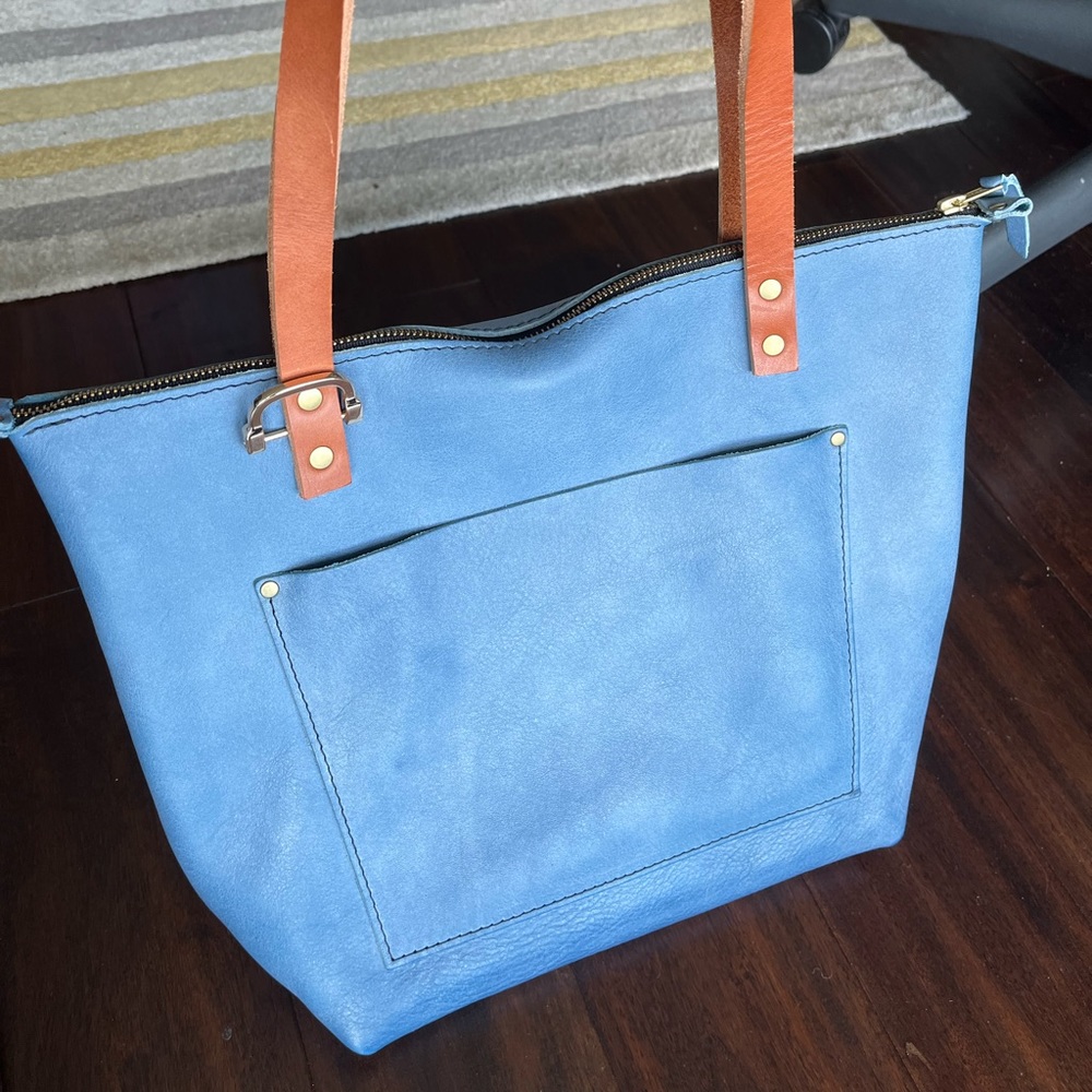 Portland Leather Goods indigo medium zip tote with tan handles